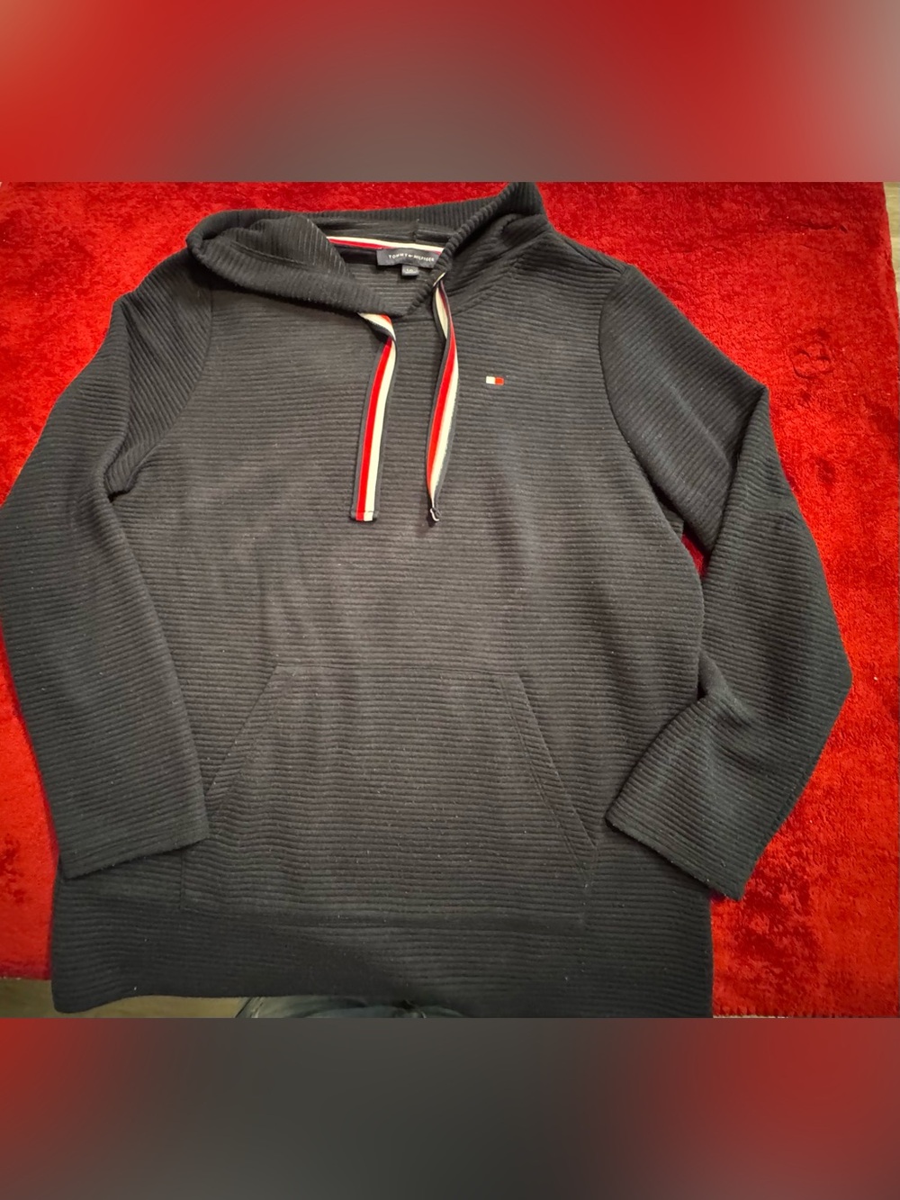 Tommy Hilfiger Black Hooded Ribbed Pullover with Tricolor Drawcord